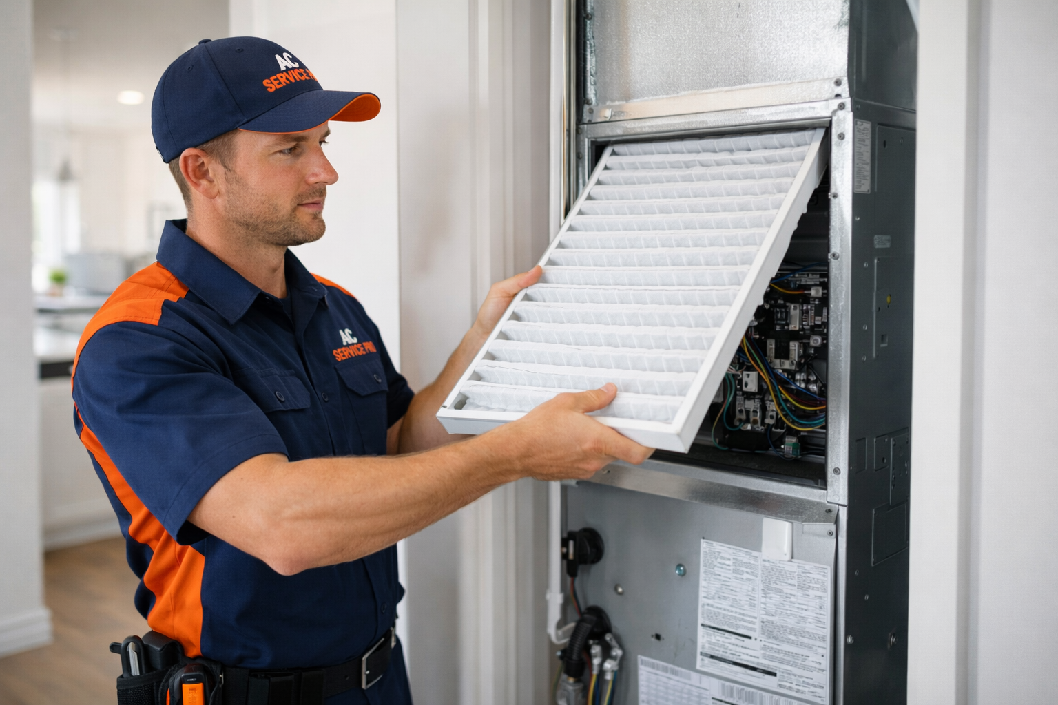HVAC technician replacing an air filter in an air handler unit